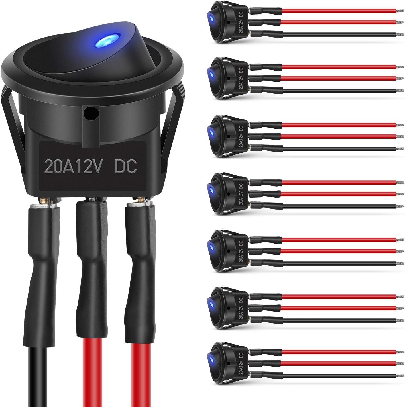 Nilight 8PCS 12V 20A Round Blue Toggle LED Rocker Switch On-Off Control SPST 3Pins for 12V Car Truck Boat Marine Off-Road Vehicle with 24PCS Wires