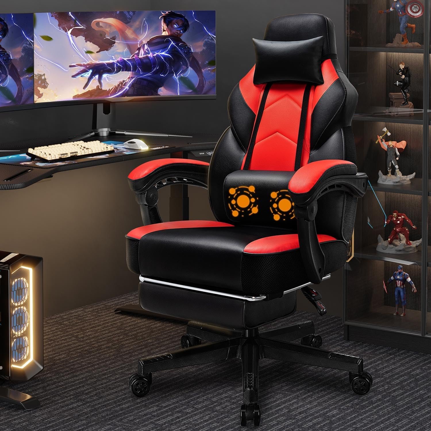 Shintenchi Gaming Chair,Video Game Chair with footrest and Massage Lumbar Support,Height Adjustable Game Chair with 360°Swivel Seat Ergonomic Computer Chair with Headrest for Office or Gaming(Red)