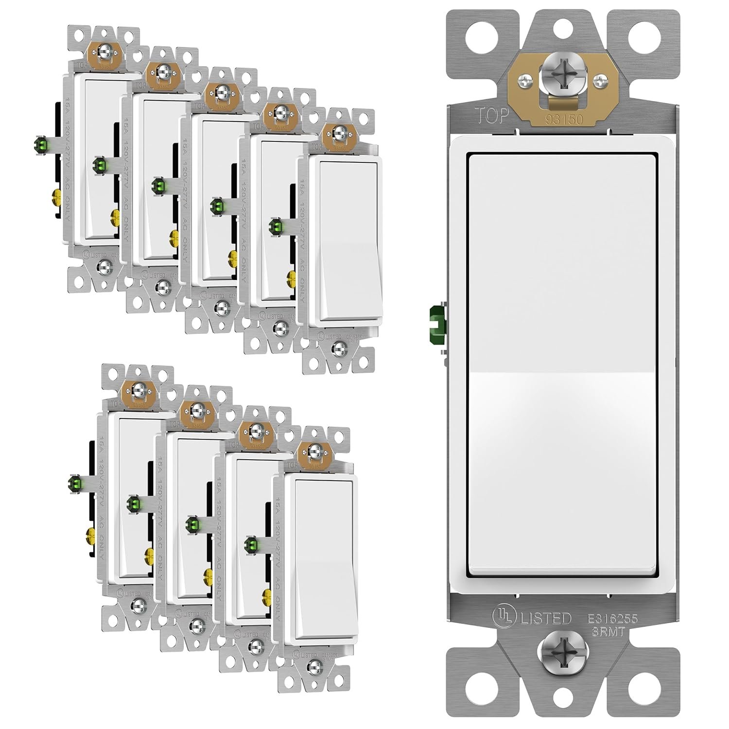 ENERLITES 3-Way Decorator Paddle Rocker Light Switch, Gloss Finish, Single Pole or Three Way, 3 Wire, Grounding Screw, Residential Grade, 15A 120V/277V, UL Listed, 93150-W-10PCS, White (10 Pack)
