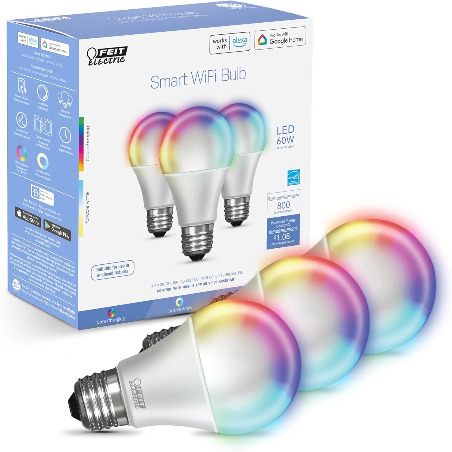 Feit Electric Smart Light Bulbs with RGBW Color Changing and Tunable White, 60W Replacement, Dimmable, Wi-fi Enabled, No Hub Needed, Works with Alexa and Google, OM60/RGBW/CA/AG/3, 3 Pack