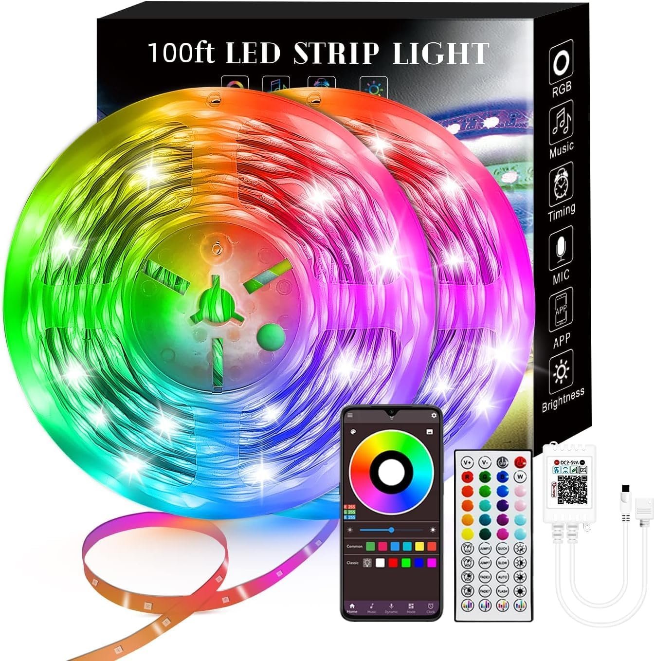 100FT Smart LED Strip Lights RGB Sync to Music with 40 Key Remote Controller LED Lights for Bedroom,Christmas Lights decration (Multi-Colored, 100FT)