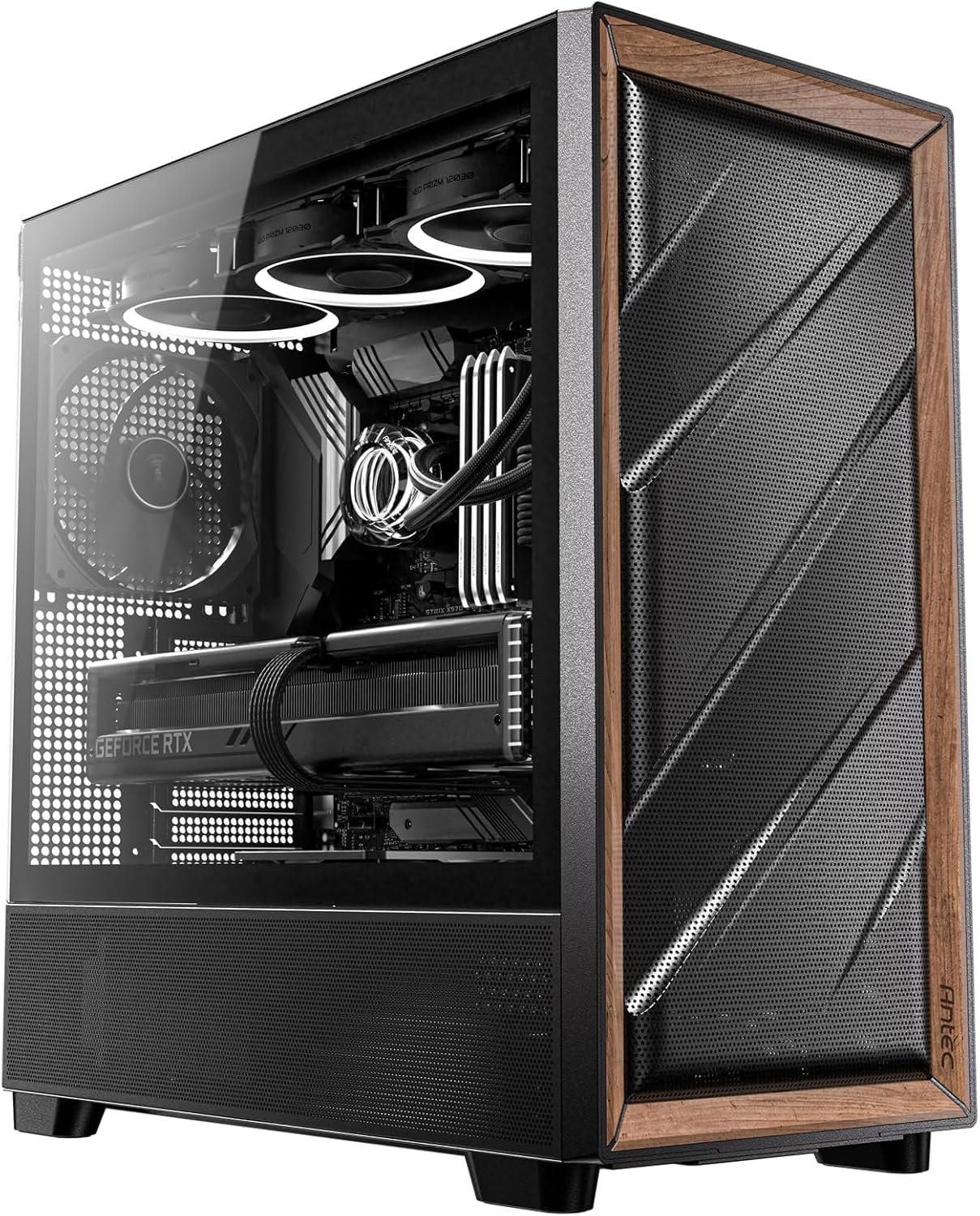 Antec Flux Wood, 5 x PWM Fans Included, High-Airflow Front Panel with Walnut Wood, Type-C, 420mm Radiator & Back Connect Motherboard Support, Up to 9 Fans Simultaneously, Mid-Tower E-ATX PC Case