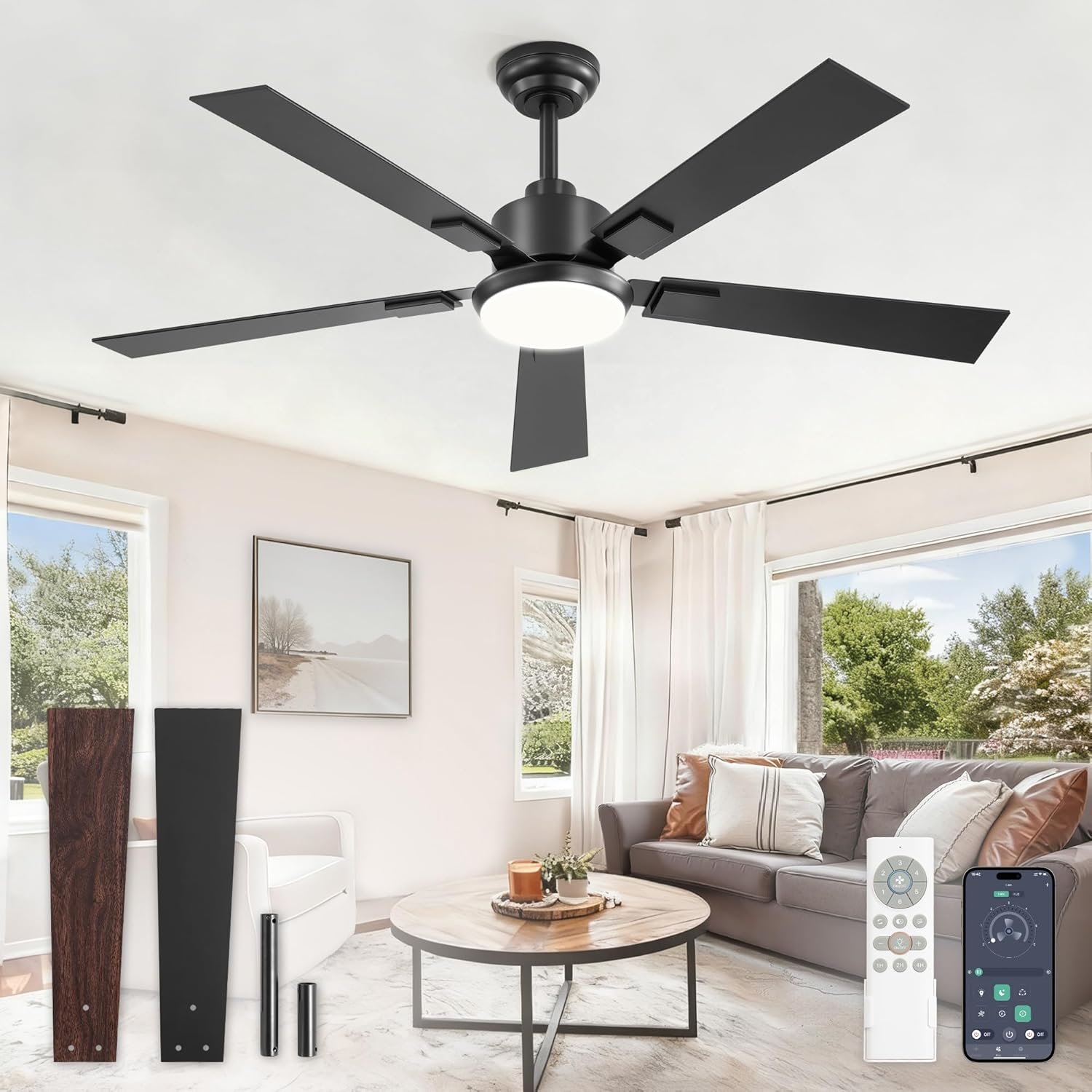 52 Inch Ceiling Fans with Lights and Remote&APP Control, Black Smart Ceiling Fan with 3000-6000K Dimmable, 6 Speeds Quiet Reversible Motor, Indoor/Outdoor Ceiling Fan for Bedroom Living Room