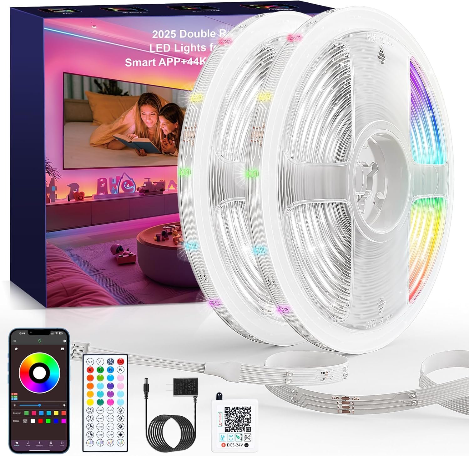LED Lights for Bedroom, 2025 Double Row 100FT 960LEDs RGB Strip Lights Music Sync Color Changing LED Lights, APP+44Key Remote Control Timed Dimming for Bedroom Home Decor(2Rollsof50FT)