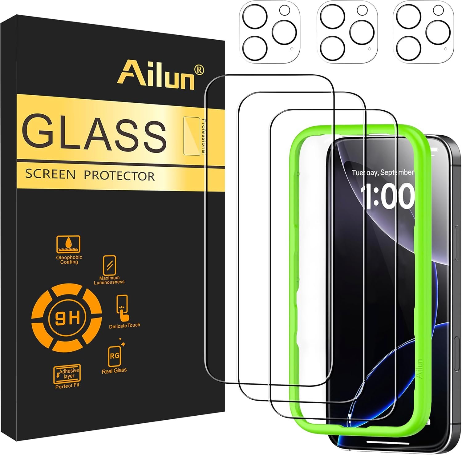 Ailun 3 Pack Screen Protector for iPhone 16 Pro [6.3 inch] + 3 Pack Camera Lens Protector with Installation Frame,Case Friendly Tempered Glass Film,[9H Hardness][Not for iPhone 16e/16/16 Plus/Pro Max]