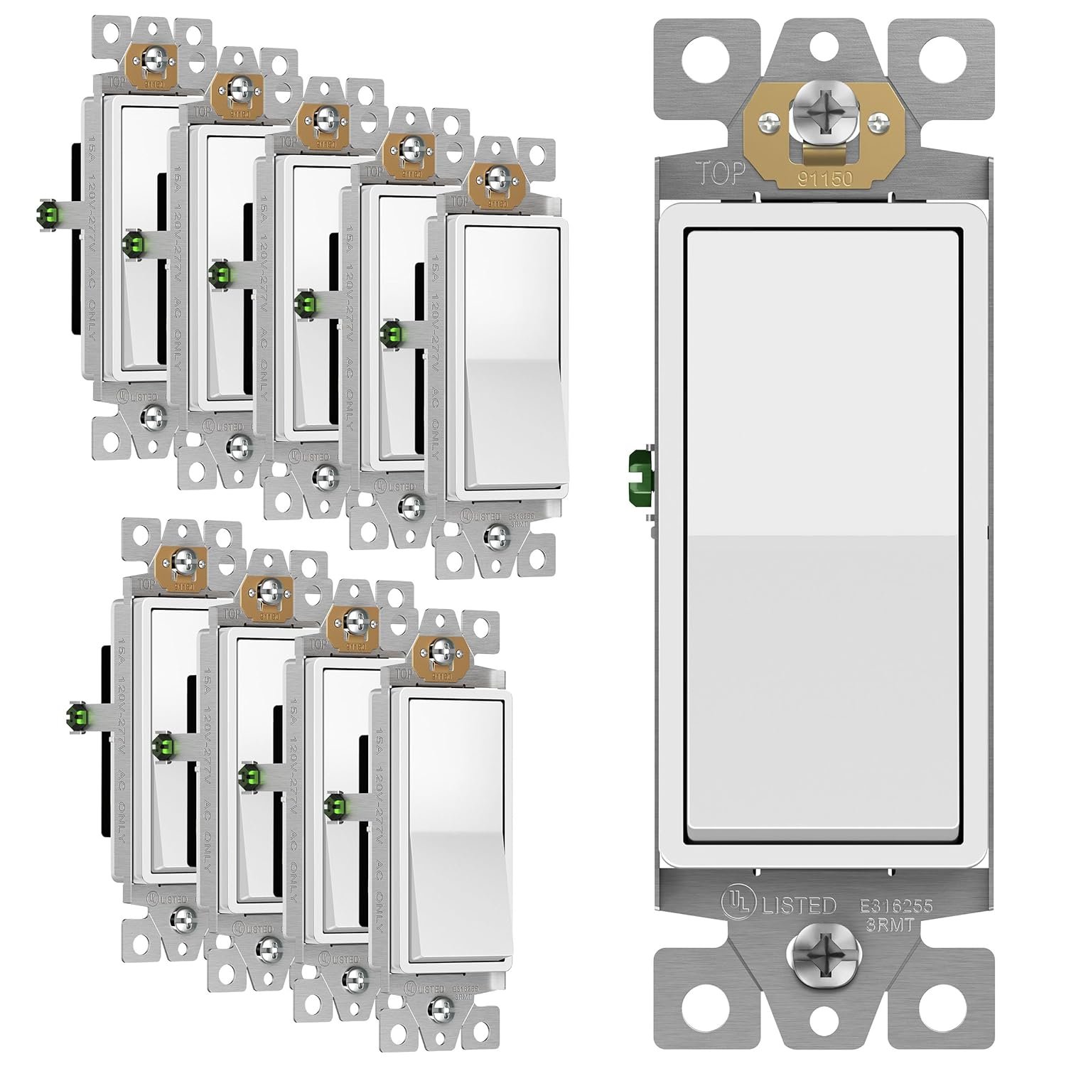 ENERLITES Decorator Paddle Rocker Light Switch, Gloss Finish, Single Pole, 3 Wire, Grounding Screw, Residential Grade, 15A 120V/277V, UL Listed, 91150-W-10PCS, White (10 Pack)