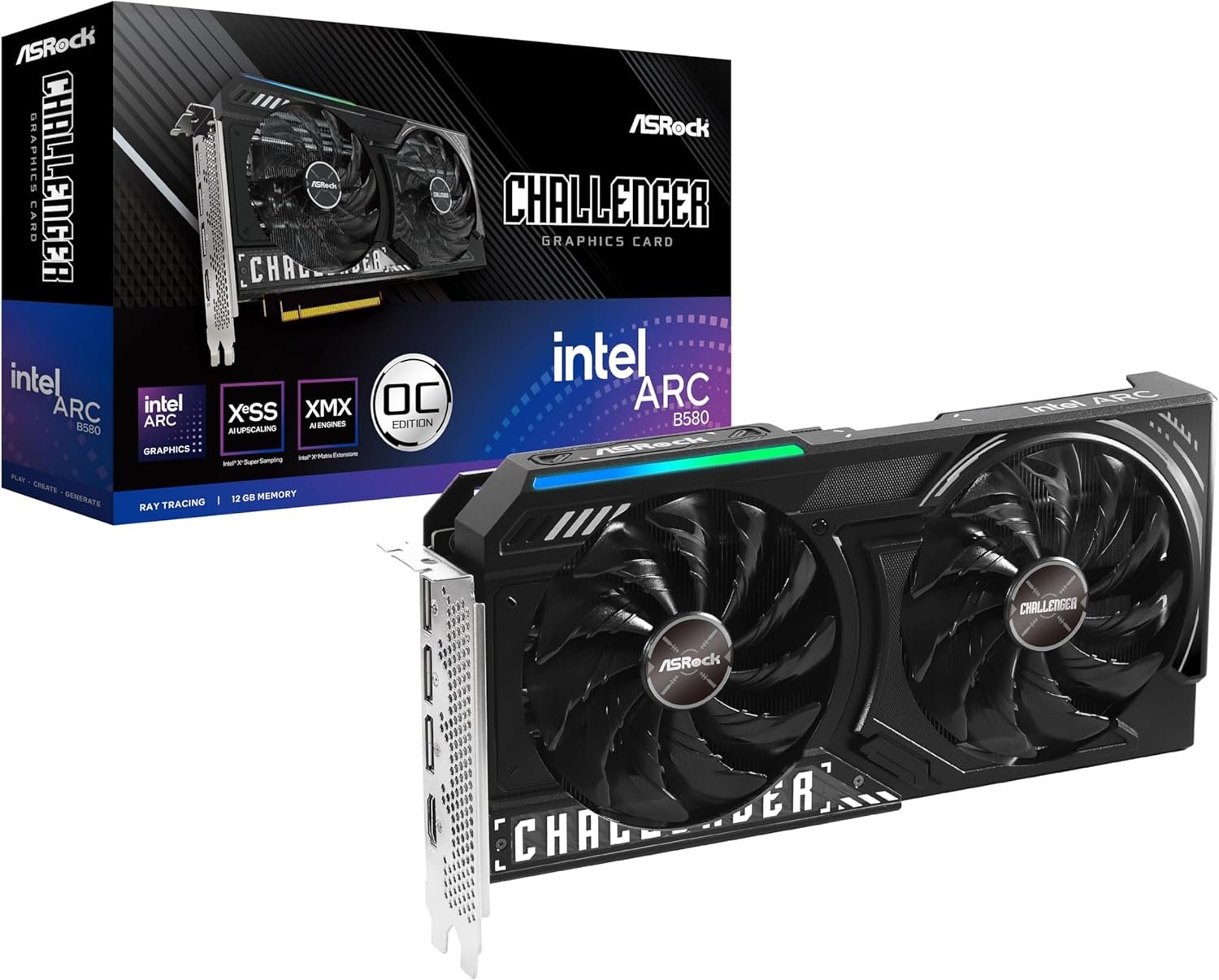 ASRock Intel Arc B580 Challenger 12GB OC Graphics Card, 2740 MHz GPU Clock, 12GB GDDR6, DisplayPort 2.1, HDMI 2.1a, Dual Fan Cooling, 0dB Silent Operation