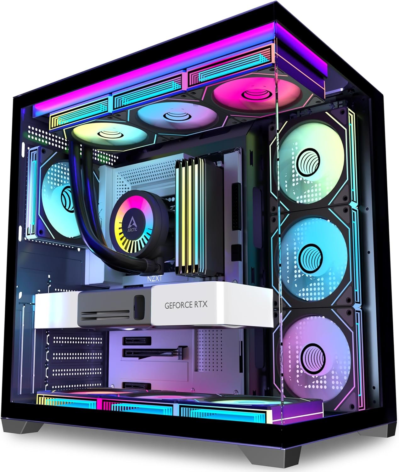 PC CASE 9 PWM ARGB Fans Pre-Installed, Mid-Tower Gaming PC Case, Panoramic Tempered Glass Computer Case with Type-C,360mm Radiator Support，Black,H09
