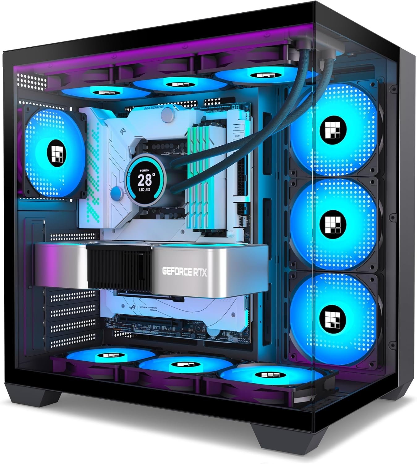 F600 PC Case – Pre-Installed 7 PWM ARGB Fan, ATX Mid-Tower Gaming PC Case, 270° Panoramic Glass with Type-C, FOIFKIN (Black, F600)