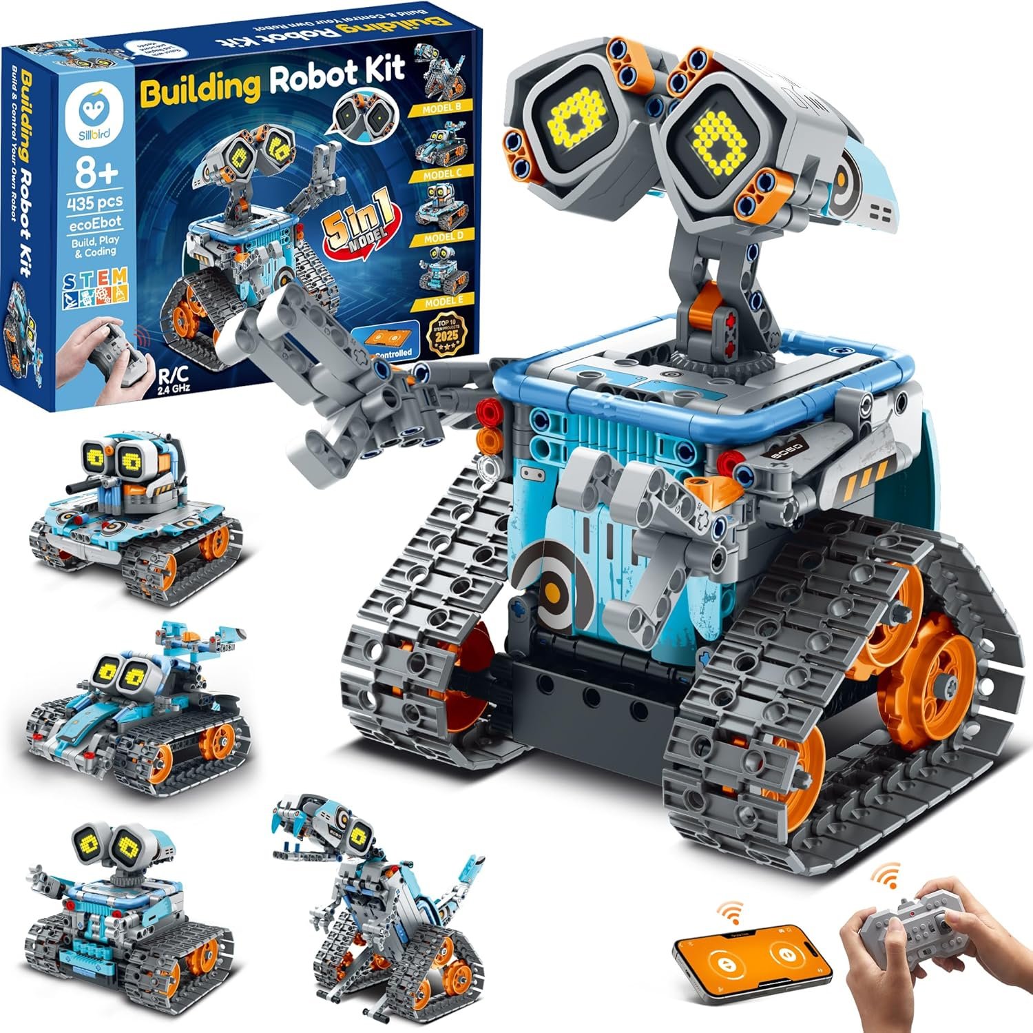 Sillbird Robot Building Kit with Remote Control Christmas STEM Gifts for Kids Age 8-12, Coding Robotics Technic Toy Set for Boys’ Birthday, Buildable 5-in-1 Models with 435 Pieces