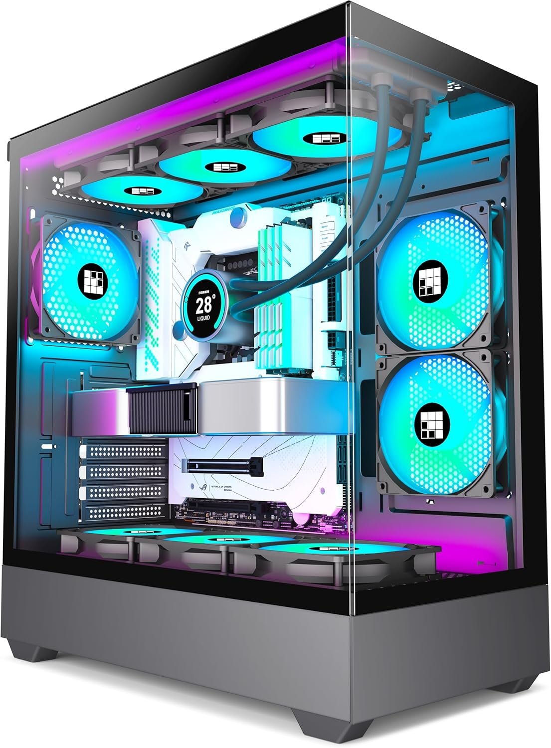 F1 ATX PC Case 6 PWM ARGB Fans Pre-Installed Type-C Mid-Tower Case Full-View Dual Tempered Glass Gaming Case Black