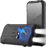 Solar Power Bank 20000mAh Wireless Portable Charger Built-in 3 Cables 15W USB-C Fast Charging Battery Pack Compatible with iPhone, Samsung, iPad, Emergency LED Flashlights Perfect for Camping, Hiking